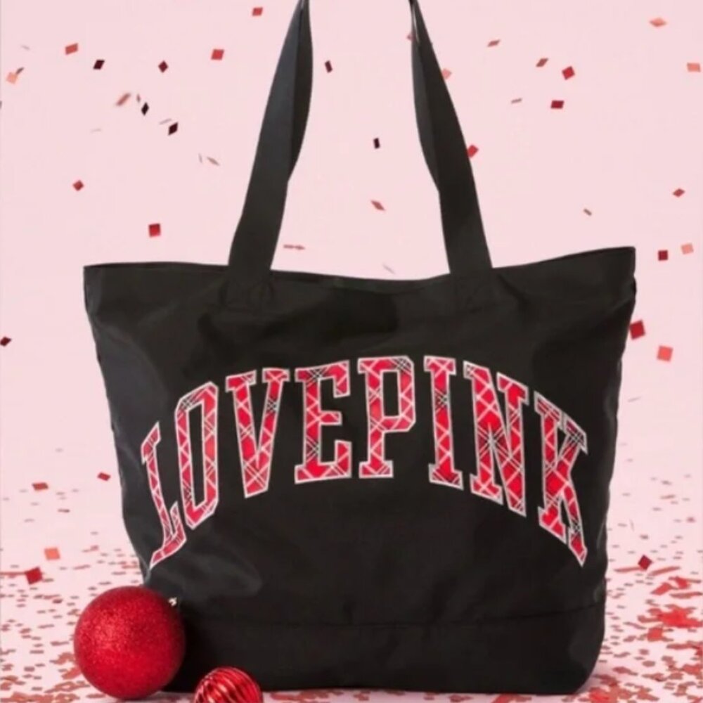 NWT ~ Victoria's Secret Black Weekender Large Tote Bag with Red Plaid Logo
